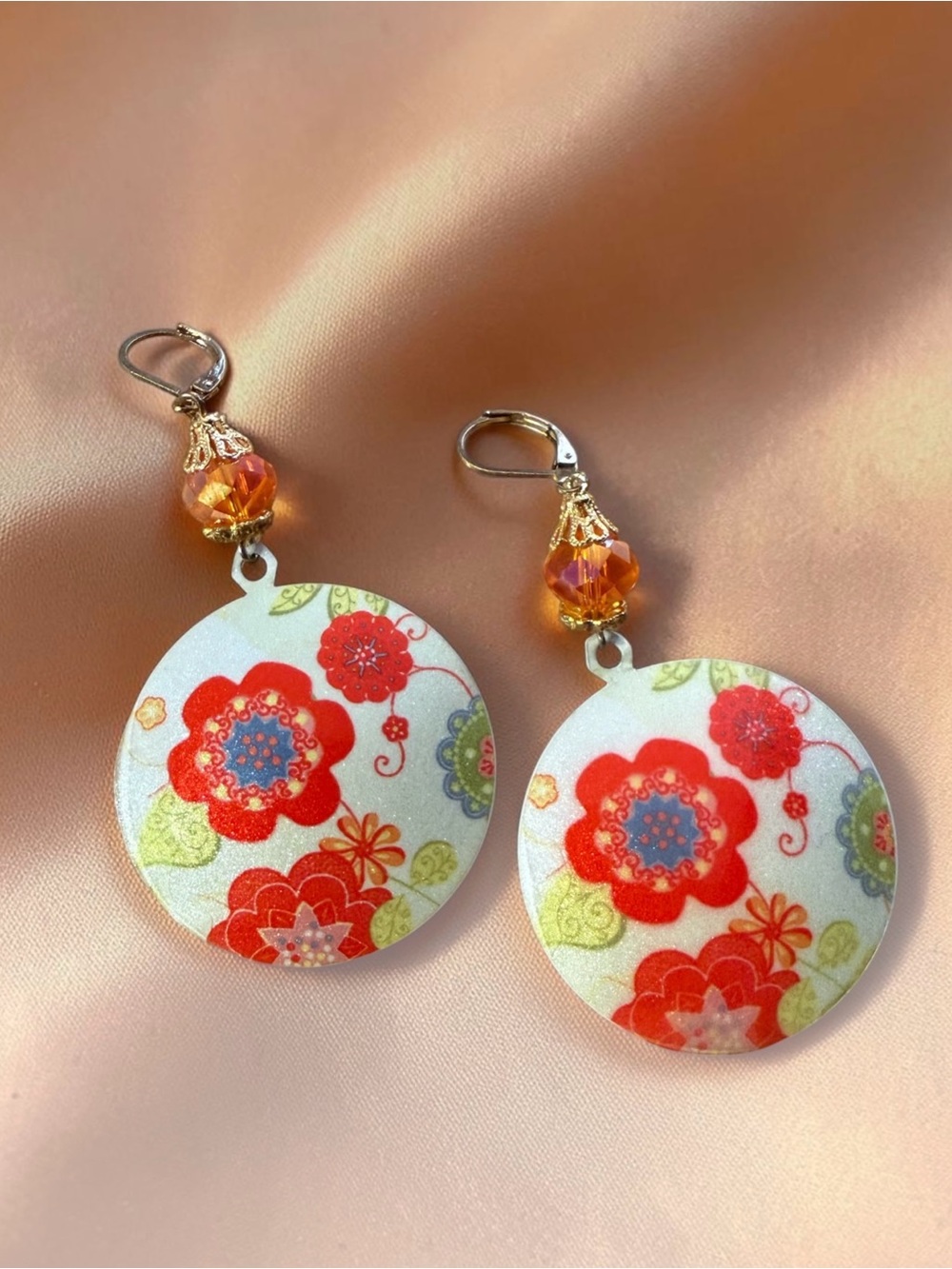 Floral Orange Disc Drop Earrings with Matching Glass Beads